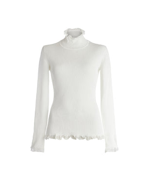 Blanc Optique Turtleneck Ruffle Detail Sweater